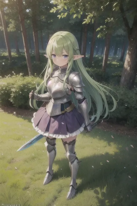 1girl, elf, pointy ears, standing, forest, blush, purple eyes, green hair, full shot, full body, (plated armor:1.3), (sword:1.1), leather gloves, skirt, looking at viewer, perfect hands, (grass:0.5)