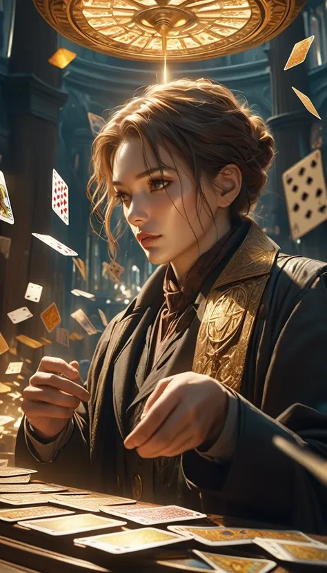 Magician in a black trench coat, Tarot cards floating in the air, Tarot cards floating in the air, Detailed facial features, Detailed clothing, magical Realistic, dramatic lighting, Structure of the film, Warm color palette, (Best Quality,4K,8k,High resolu...