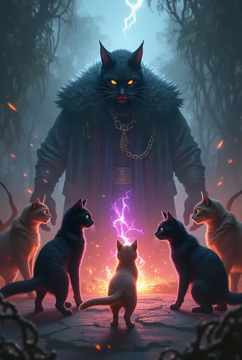 Fellowship (cats) faces Malakai in an intense showdown."

Narration: "The Fellowship confronted Malakai, combining their strengths to counter his dark magic. Lyras agility and Zephyrs precision proved decisive in the battle."