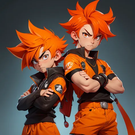 anime boy with orange hair and eyes looking at something, anime boy with orange hair!!, orange hair spiky forward, short hair, black t-shirt, red shorts, in a fighting anime style, akira toryama manga style, kentaro miura manga art style, red-haired teenag...