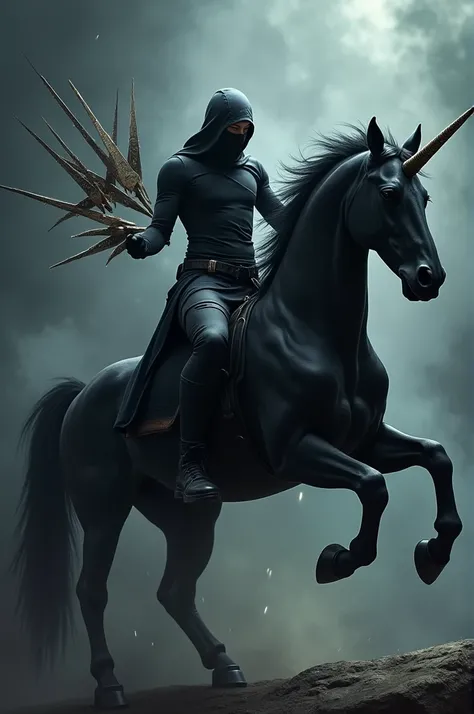 Ninja standing on a black unicorn throwing shuriken