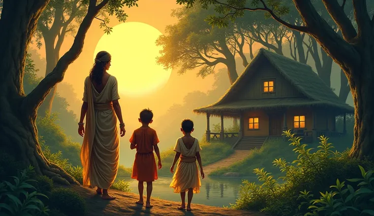 Indumati guiding the 2 young traveler towards the mysterious cottage, the dense jungle surrounding them as the sun begins to set."This captures the moment of their journey together, focusing on the beauty of the forest, the serene yet suspenseful mood. Ind...