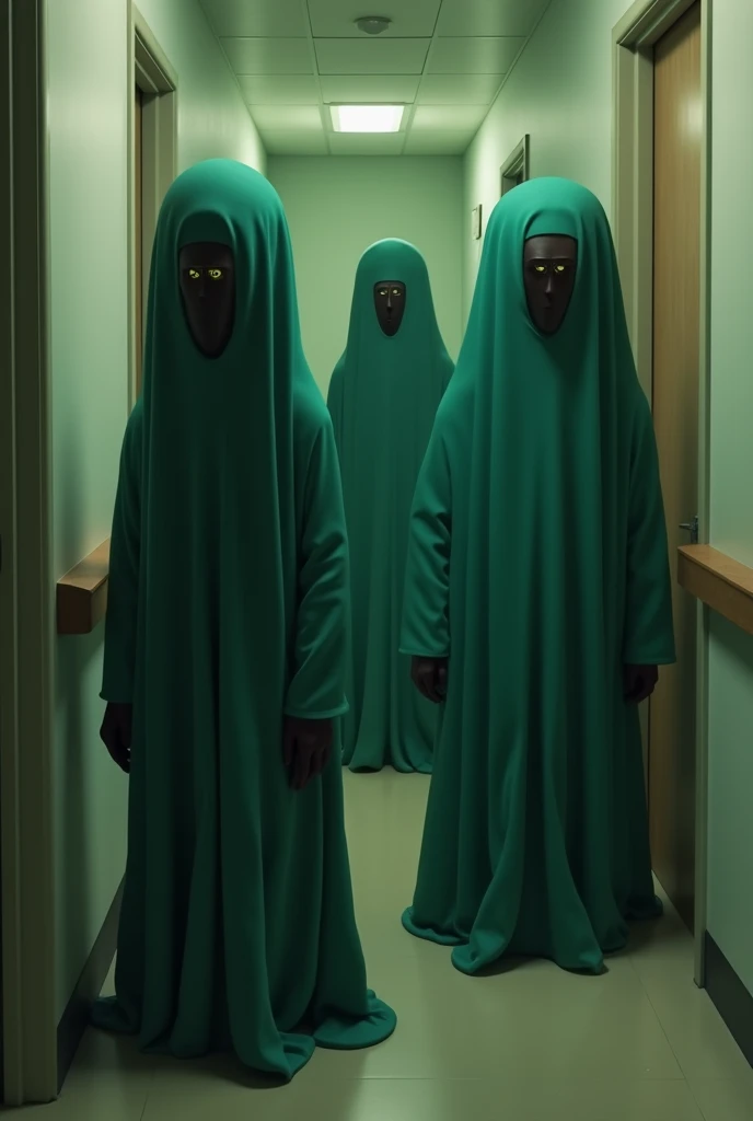 emerald green and dark colored shapes, with beighs representing mystery and eyes without literary forms in an environment like a mental hospital corridor
 