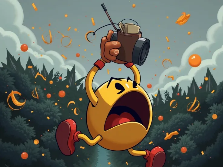 Please write a funny picture。Please draw a picture of Pac-Man going wild。