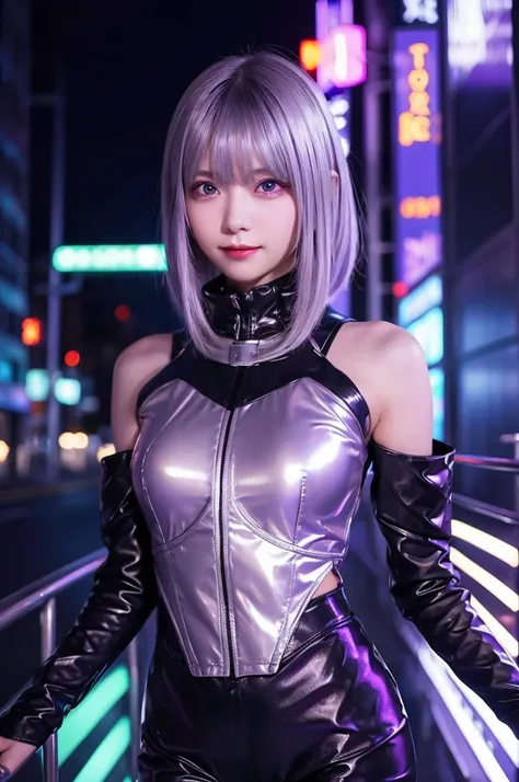 A young woman with shoulder-length silver hair and purple eyes. Shes wearing a futuristic, sleek outfit in metallic colors. Her expression is confident and mysterious. Shes standing in a high-tech, neon-lit cityscape at night. The background has a cyberpun...