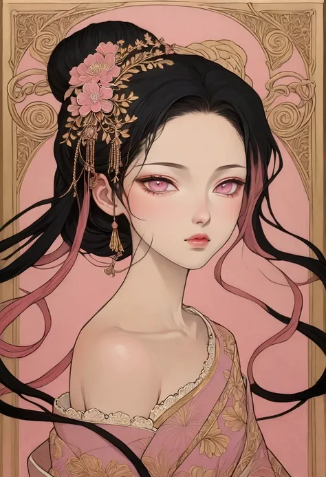 ((best quality)), ((masterpiece)), (detailed), ((perfect face of nezuko komado)), surreal, art nouveau, in the illustrative styl...