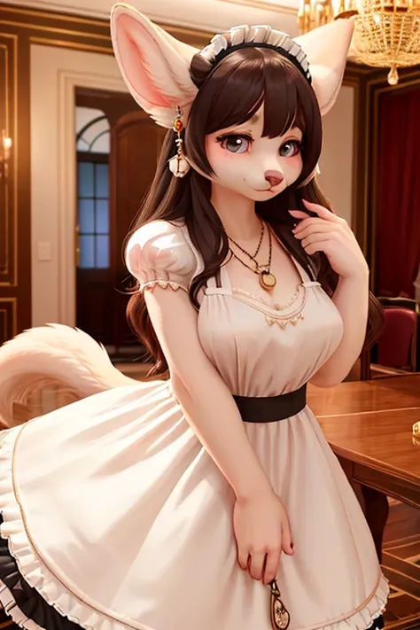 ((furry))、[[woman]]、Mature woman、dog、((Pendant ears))、((drop ears))、Gentle expression、Wavy semi-long hair、Maid、Long skirt、eight-headed body、whole body、European aristocratic mansions、((Best Quality))、((Ultra HD))