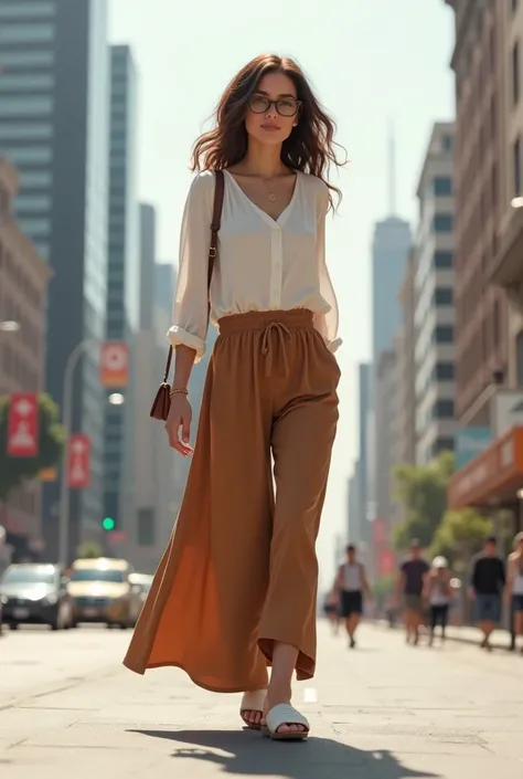 A brunette woman, brown eyes, light brown wavy hair, 1,62, 69 kilos, wearing brown palazzo pants, top white, prescription glasses, white sandal, The background is a city.