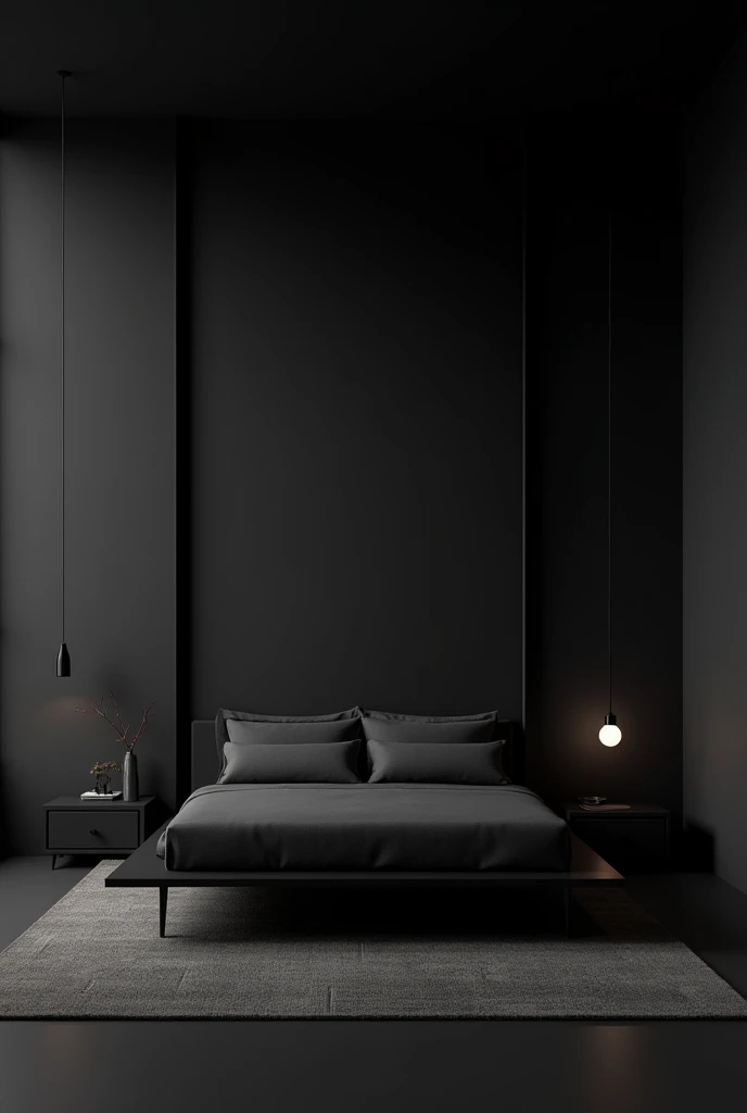 Black bed with black bedroom walls