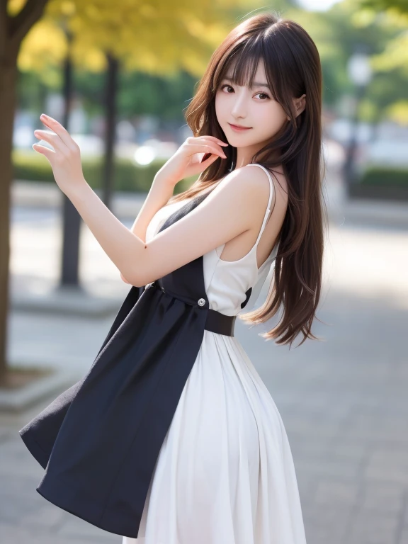 Photo-realistic quality、The 20-year-old Japanese idol is posing in a black top and white skirt., romantic dress, frock, cute dress, dress and cloth,Elegant Dresses、Romantic and beautiful dress、Looking at the camera、Detailed and beautiful eyes、Cute smile、A ...