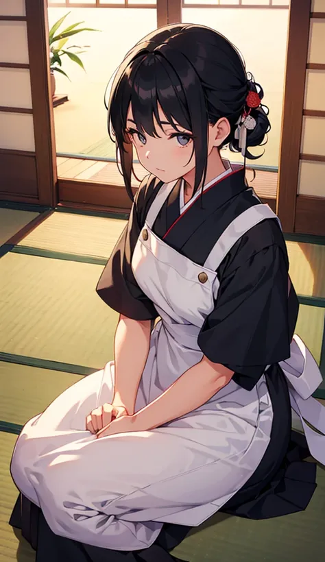 A girl wearing an apron is sitting in seiza position.,Taisho era hairstyle,Black Hair,Tatami room,