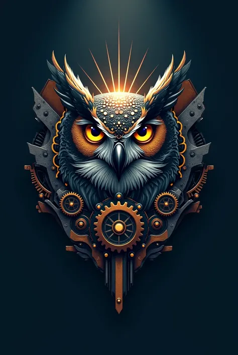 Create a logo with the owl head design, integrated with gears and light beam