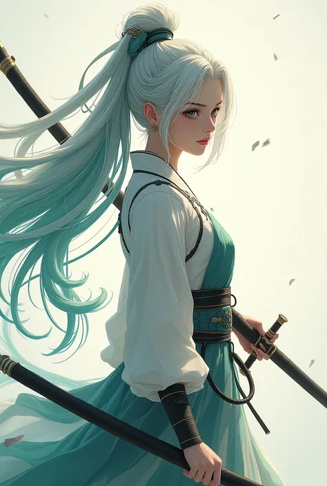 a girl with long white, green and blue hair tied up in a bun, cute, serious and a master of swordsmanship