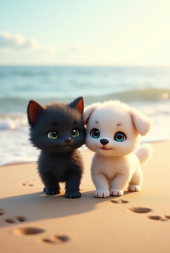 Cute and realistic black kitten with big head and white puppy walking on the beach、Continuing Footsteps、The two are friends、Pull composition