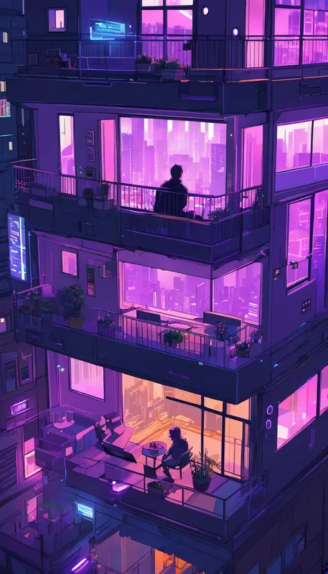 anime cartoon illustration of a guy sitting in one end of the balacony and looking neighour balacony of a girl from other end of the balcony at a in a city, jen bartel, blurry and dreamy illustration, calm night. digital illustration, in a future city, roo...