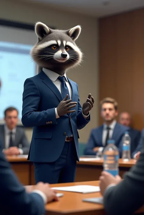 Tall Gray Aggressive Raccoon with Amber Eyes Standing in Front of Board Giving Presentation to Group of People, sitting at the table. He is wearing a blue suit and tie., and his posture suggests, what he says and communicates with his audience. Those prese...