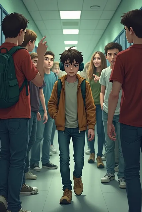 Alex walking alone through a school hallway, with his headphones on. In the background, Martin and his group of friends are laughing and pointing at Alex, showing an atmosphere of mockery.
Key details: alex with his gaze towards the ground, sad or resigned...