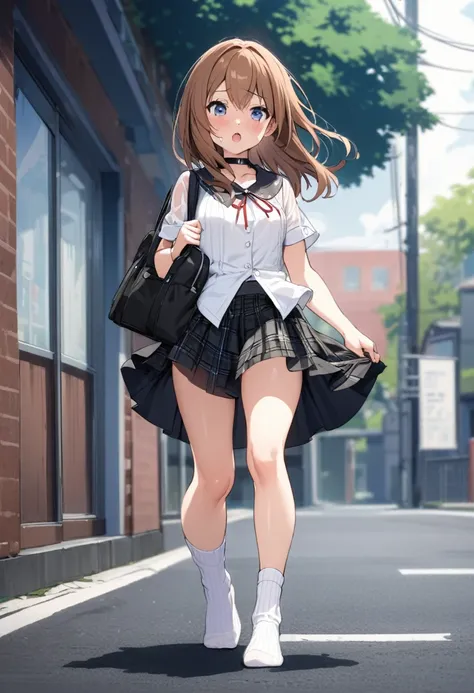 NSFW,Black choker.White ribbed ankle socks highly detailed.Brown Hair、Cute high school girl slave idol。.Sheer blouse.Very short skirt.Walking to school.road.