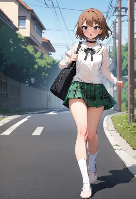 NSFW,Black choker.White ribbed ankle socks highly detailed.Brown Hair、Cute high school girl slave idol。.Sheer blouse.Very short skirt.Walking to school.road.