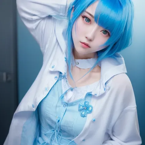 A girl with blue hair and a white shirt、live-action、Real high resolution, masterpiece, Best Quality, Super detailed, 