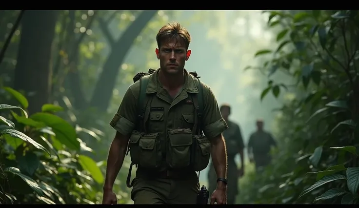 A shot of the jungle in broad daylight, with thick, twisted trees towering overhead. The sunlight barely penetrates the canopy, casting long, distorted shadows across the dense undergrowth. The foliage feels suffocating, with vines hanging low and the air ...