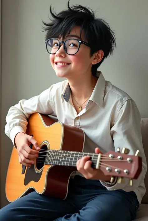 (solo, full body photo:1.3), (blushing:1.1)
best quality)) realistic , ((masterpiece)), (detailed), a boy, class 12, tall , messy hair , black hair, black glasses, sitting. play guitar , white shirt, dark blue pants , looking and smile