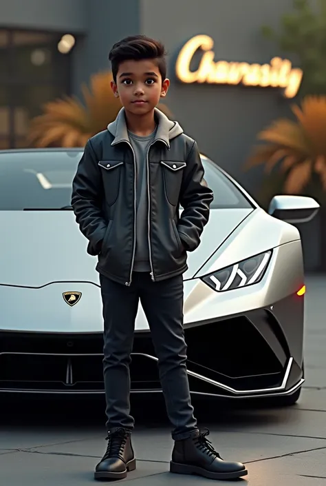 A boy with Lamborghini and in background write name Rishabh Chaurasiya 