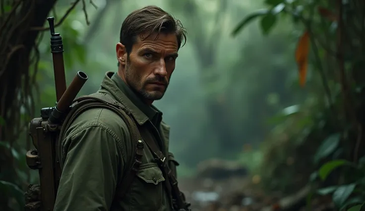 A male soldier in his mid-30s with short brown hair and intense green eyes, wearing a weathered military uniform. He stands in the foreground of a jungle setting, his rifle slung across his chest. His face is stern and determined, but there’s a flicker of ...