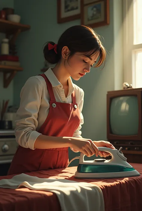 A woman ironing and to the side a television and radio plugged in

