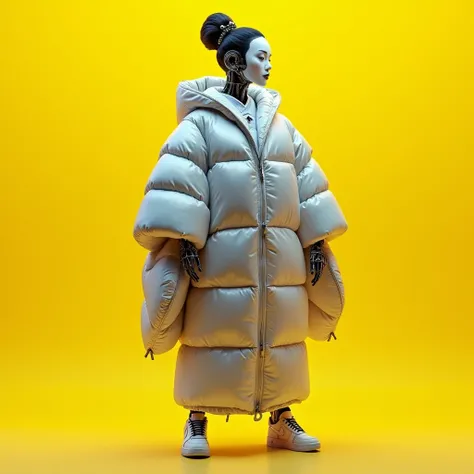 A futuristic robotic geisha, detailed expressionless robotic face, oversized silver Nike puffer jacket over a kimono, sleek robotic limbs, Nike sneakers, traditional updo hairstyle with ornamental hairpins, bold vibrant yellow background, cyberpunk element...