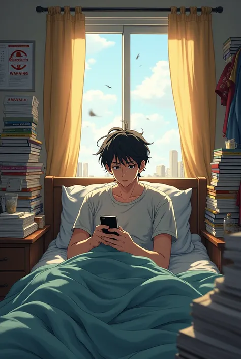 Create a cozy, anime small apartment interior. The room is cluttered with stacks of books, empty takeout containers, and a calendar on the wall showing the date circled in red: "Storm Warning." Sunlight filters through half-drawn curtains, casting soft sha...