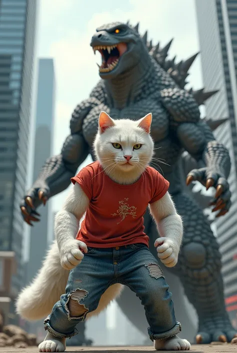 a giant muscular white cat in red tshirt and blue Jeans stands between the buildings to fight grey Godzilla