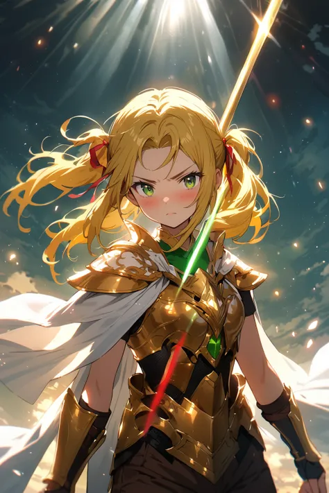 (masterpiece, best quality, highly detailed, teenage), crepuscular rays, light sparkles, sunlight, (((from front shoot:1.3))), fantasy, beautiful girl, solo, (straight hair:1.3), princess warrior, yellow hair, short hair, (twintails:1.3), serious, blush, f...