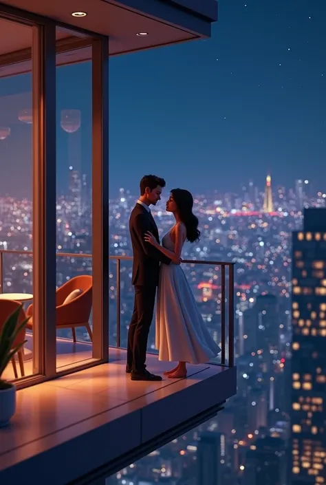 animated inside penthouse house at night time at balcony with one man and lady

