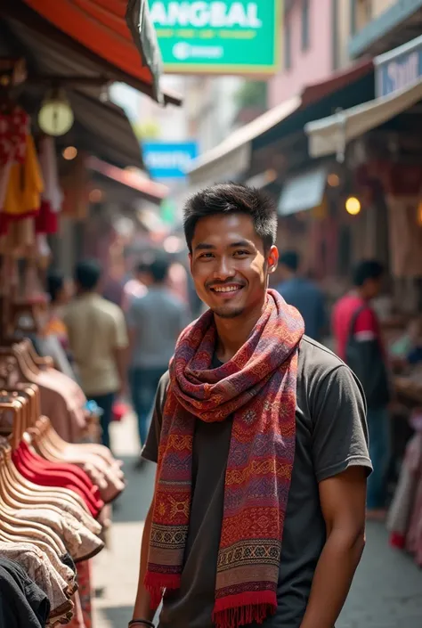 A young Indonesian man wearing a scarf is selling bras in a modern market..full realistic effects full ultra HD clear high resolution images.