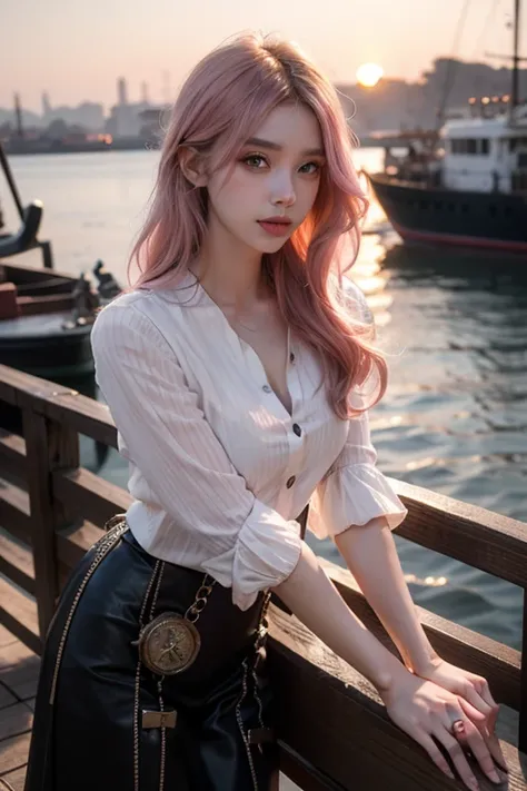 Light pink hair, Pink Eyes,  At the port, Vibrant colors, Steampunk, White Blouse、 Sunset behind, Ray Tracing, Wavy long hair、