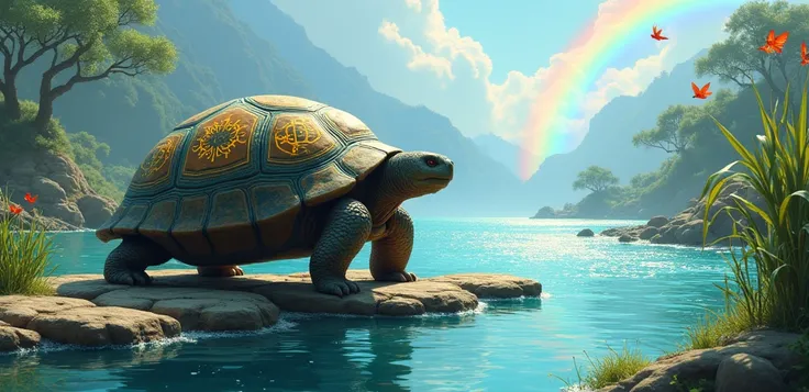 Oliver, a large, ancient tortoise with a shell marked by golden runes, slowly makes his way across a gentle river on stepping stones. His expression is one of calm determination. The river is sparkling and clear, reflecting the bright blue sky and a distan...