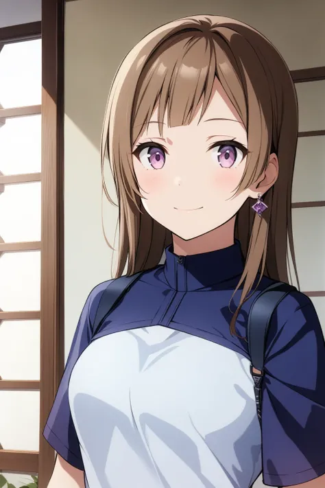 (masterpiece, best quality, very aesthetic, ultra detailed), score_9, score_8_up, score_7_up, source_anime,,
1girl, closed mouth, light smile,
Brown hair, long hair, hair between eyes , lilac
 eyes, earrings,
 white shirt, black skirt,  fanny pack, red bag...