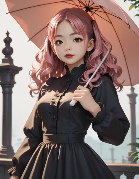 Gothic,extremely detailed,Detailed dress,Gorgeous,asian,25 yo,tareme,pink hair,wavy hair,twintail,busty,long sleeves,frill,red lips,umbrella