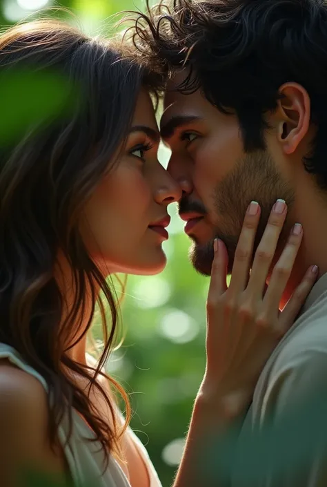 (photorealism) a man and a woman stand close, their lips almost touching. Man&#39;s hand on woman&#39;s cheek. Woman - brown hair, brown eyes. Male - dark hair, hazel-green eyes. bottom view. forest background. 