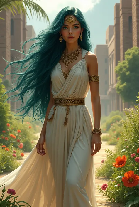 A stunning young noblewoman, appearing 1, stands gracefully in the lush landscape of the Indus Valley, around 2000 B.C. Her long, deep blue hair flows elegantly in the gentle breeze, catching the sunlight. She has mesmerizing emerald green eyes that sparkl...