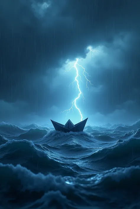 A paper boat, at sea with thunder in the sky, no layer format for youtube 
