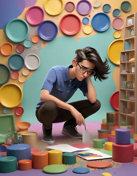 A person looking around, pondering the use of colors in their surroundings. Various colored items and backgrounds scattered around, depicting their search for how each color is utilized.