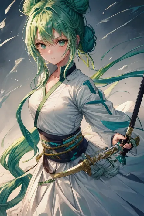 a girl with long white, green and blue hair tied up in a bun, cute, serious and a master of swordsmanship