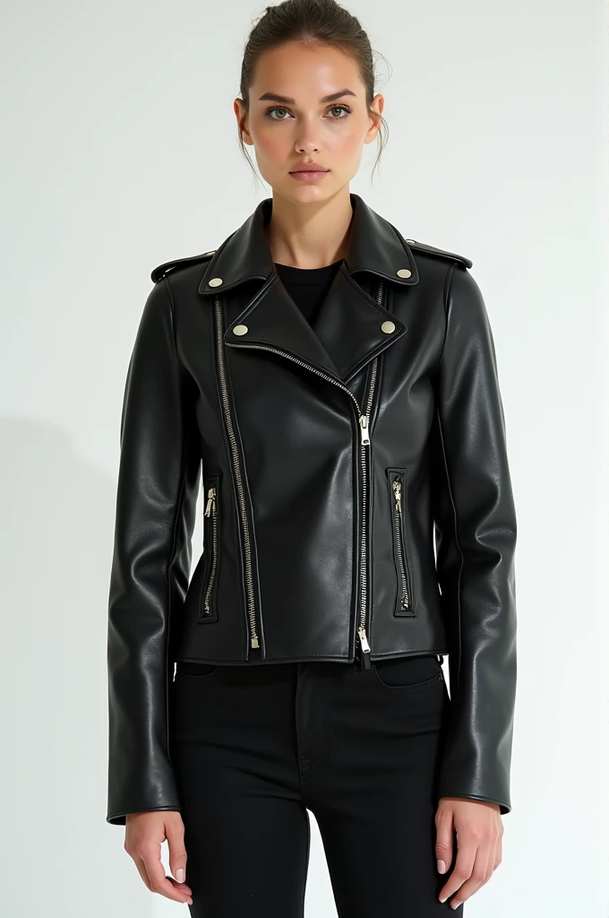 Black leather women&#39;s jacket on a white background, high resolution photo