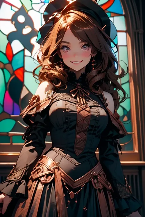 Perfect face. Perfect hands. A brown haired woman with copper eyes in a Gothic Lolita dress with an hourglass figure is posing in front of a stained glass window in a creepy castle with a big smile