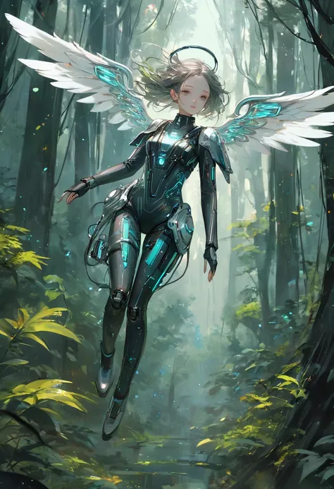 (masterpiece, best quality),subtle colors, post-grunge, concept art, paint splatters, intricate details. trends in art station, detailed depiction,(An angel girl wearing a futuristic cyber suit,in deep forest,silver wngs),(She is floating high in the air),...