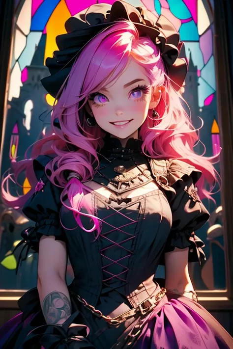 Perfect face. Perfect hands. A pink haired woman with violet eyes in a Gothic Lolita dress with an hourglass figure is posing in front of a stained glass window in a creepy castle with a big smile
