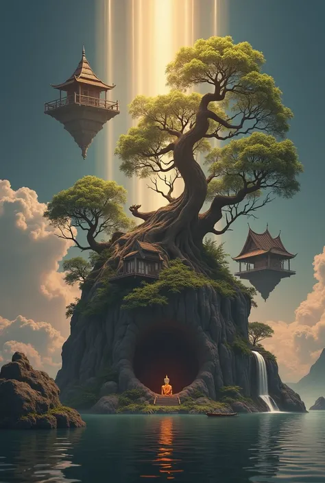 Realistic image of a large bonsai tree under a large black cave, a Thai temple on a floating island, clouds, a floating island with a pond, a Thai style image of an old and strange multi-storey house in the middle of a river, an old Thai zinc house, a blac...