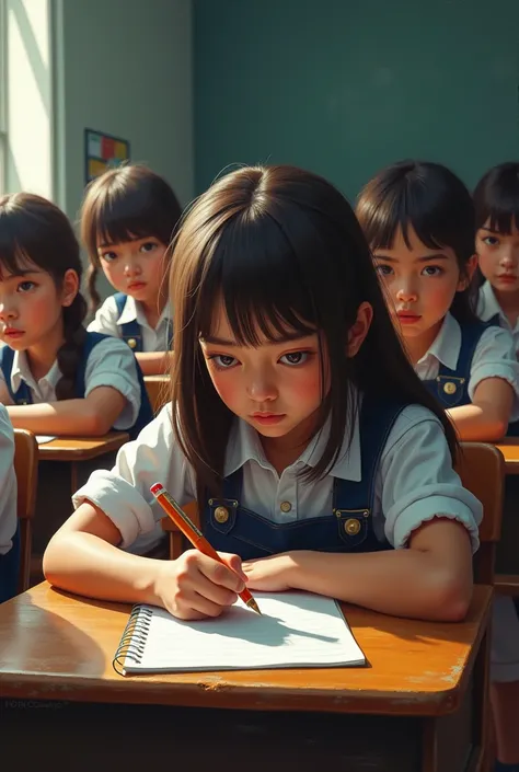 a girl sitting at her desk in a classroom, taking notes, while her classmates look at her with an annoyed expression, intricate details, oil painting, vibrant colors, dramatic lighting, highly detailed, masterpiece, photorealistic, HDR, 8K